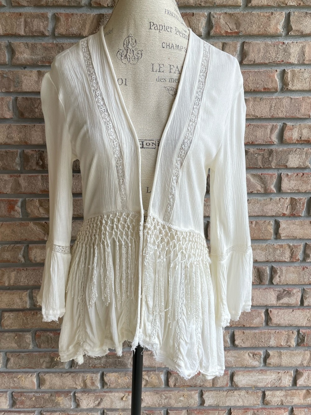 American Eagle Outfitters Cream Crochet-Trim Boho Tunic Cardigan